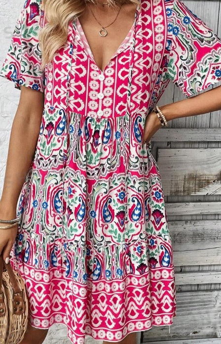 Women's Mini Dress Split Round Neck with Tie Closure Front Button Short Sleeve Summer Dresses