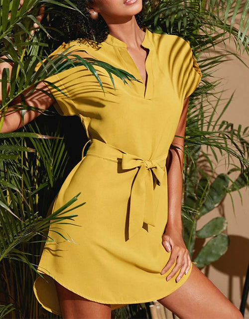 Load image into Gallery viewer, V-neck Short Sleeve Dress With Belt Summer Fashion Bowknot Dresses For Women Clothing
