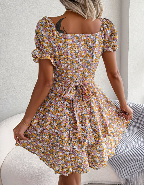 Load image into Gallery viewer, Women Mini Dress Temperament Big Swing Loose Hem Flower Print Shirring Dress Up Short Sleeves High Waist Summer Dress Clothes
