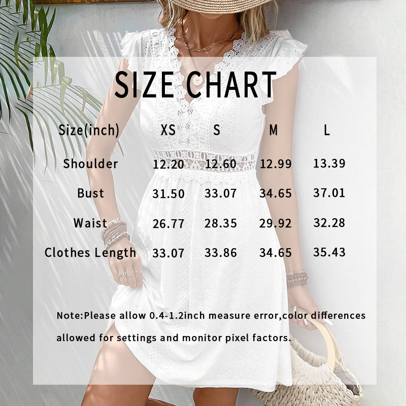 Women's V Neck Lace Mini Dresses Casual Summer Ruffle Sleeve Crochet Sundresses