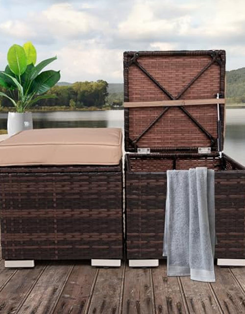 Load image into Gallery viewer, 2 Wicker Ottomans, Multipurpose Outdoor Furniture For Patio, Backyard, Additional Seating, Footrest, Side Table With Storage, Removable Cushions
