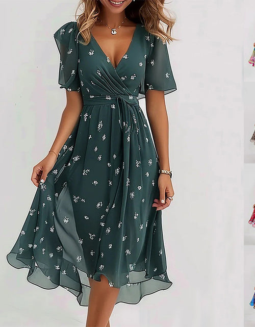 Load image into Gallery viewer, Chiffon Printed Short Sleeve Dress Summer Elegant V-neck Dresses Women&#39;s Clothing
