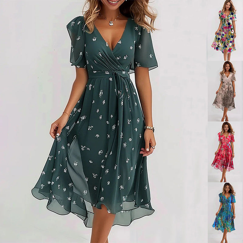Chiffon Printed Short Sleeve Dress Summer Elegant V-neck Dresses Women's Clothing