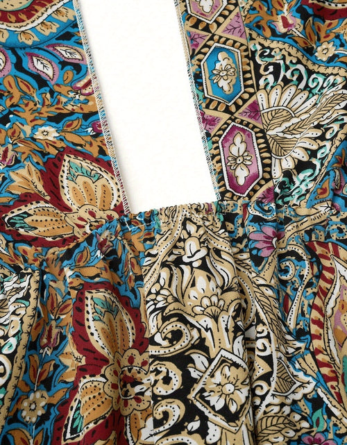 Load image into Gallery viewer, Women Print Maxi Dress High Waisted Cross Halter Neck With Tie Detail,Flowing Vacation Gown In Teal, Blue-Green &amp; Brown Paisley   Pattern, Machine Washable, Summer Fashion Decorative Tie Detail
