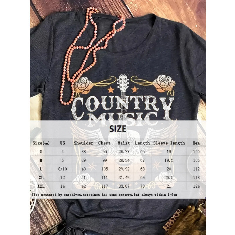Women's Short Sleeve Round Neck T-Shirt - Winged Guitar & Letter Print, Summer Casual Tee