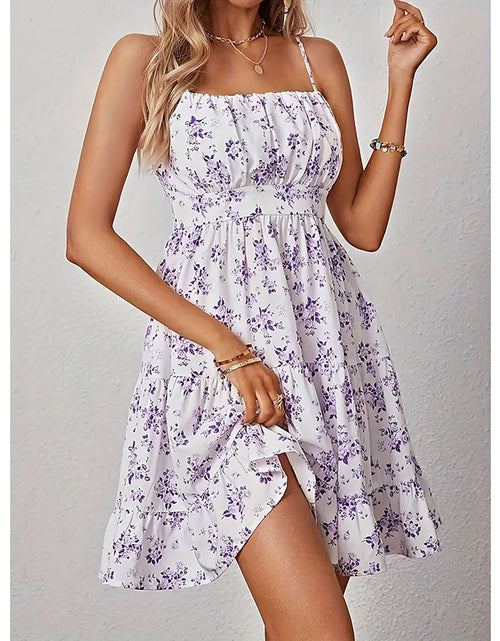 Load image into Gallery viewer, Womens Summer Floral Print Smocked Mini Dress Sleeveless Spaghetti Strap Slim Fit Flowy Dresses
