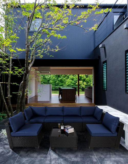 Load image into Gallery viewer, 7 Pieces Outdoor Rattan Patio Sectional Set, Black Wicker Furniture Conversation Sets With Washable Cushions &amp; Glass Coffee Table For Garden, Poolside, Backyard

