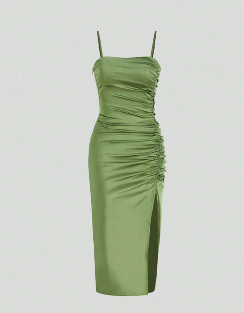 Load image into Gallery viewer, Solid Color Ruched Bodycon Slit Cami Dress Party Dress Wedding Guest Dress
