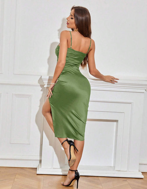 Load image into Gallery viewer, Solid Color Ruched Bodycon Slit Cami Dress Party Dress Wedding Guest Dress
