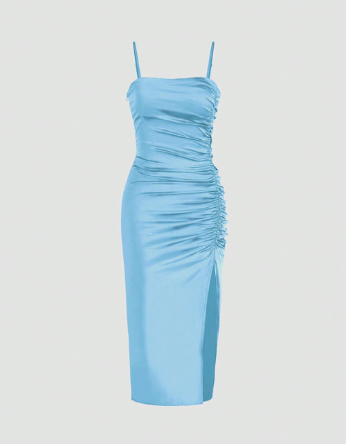 Load image into Gallery viewer, Solid Color Ruched Bodycon Slit Cami Dress Party Dress Wedding Guest Dress
