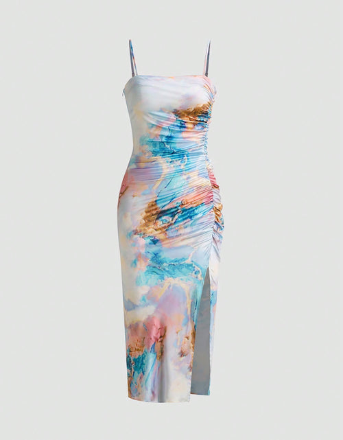 Load image into Gallery viewer, Solid Color Ruched Bodycon Slit Cami Dress Party Dress Wedding Guest Dress

