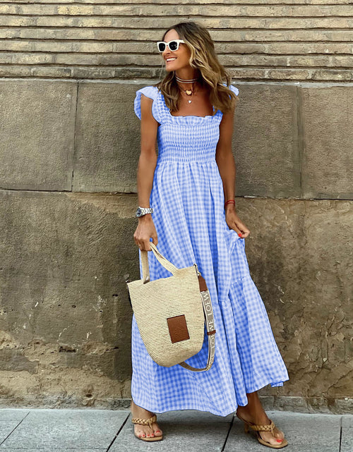 Load image into Gallery viewer, Summer Plaid Print Pleated Ruffle Dress INS Fashion Sleeveless A-line Swing Beach Dress Women&#39;s Clothing
