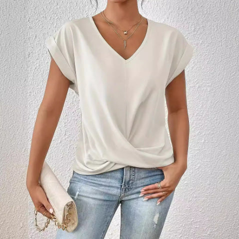 Load image into Gallery viewer, Fashion V-neck Short-sleeve T-shirt Summer Casual Irregular Knot Top For Women Clothing
