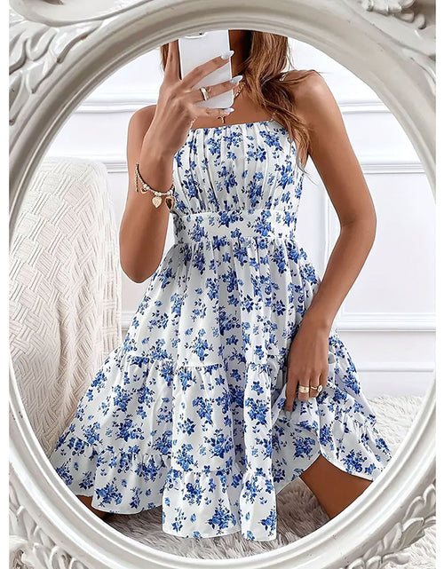 Load image into Gallery viewer, Womens Summer Floral Print Smocked Mini Dress Sleeveless Spaghetti Strap Slim Fit Flowy Dresses
