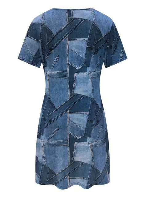 Load image into Gallery viewer, Women&#39;s Plus Size Denim Short Sleeve Dress - Digital Print Casual Spring &amp; Summer Dress
