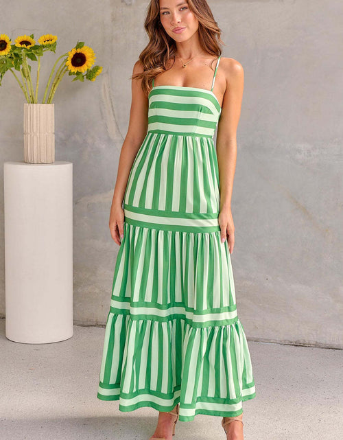 Load image into Gallery viewer, Summer Striped Printed Suspender Long Dress With Pockets Fashion Square Neck Backless Dresses For Beach Vacation Women Clothing
