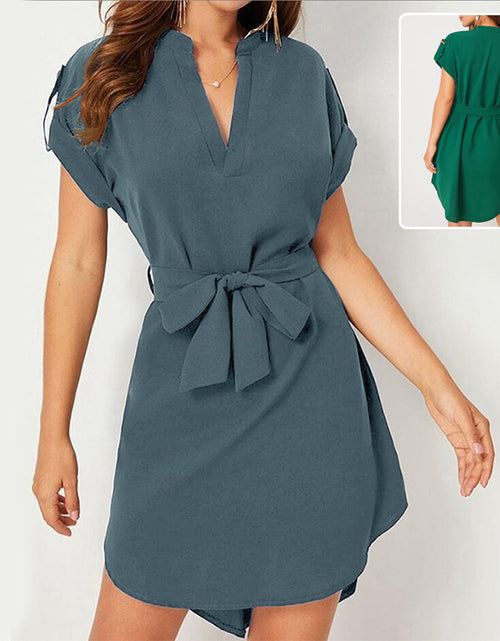 Load image into Gallery viewer, V-neck Short Sleeve Dress With Belt Summer Fashion Bowknot Dresses For Women Clothing

