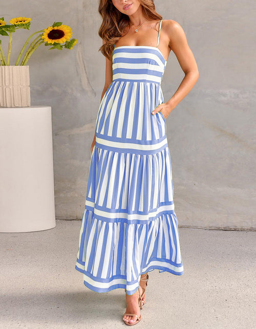 Load image into Gallery viewer, Summer Striped Printed Suspender Long Dress With Pockets Fashion Square Neck Backless Dresses For Beach Vacation Women Clothing
