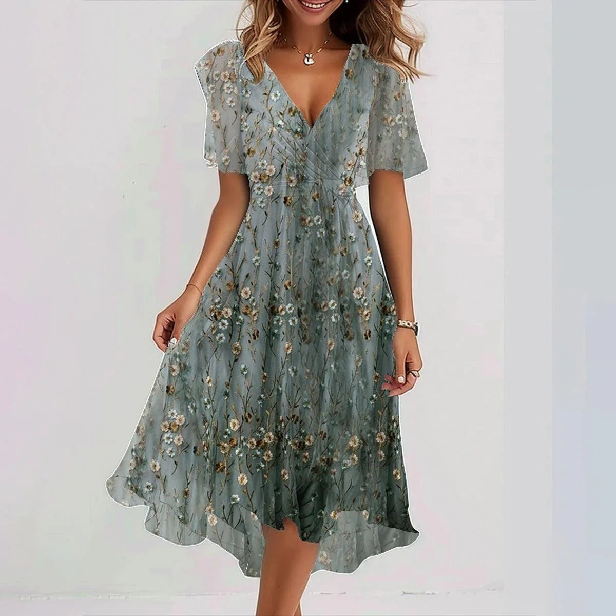 Chiffon Printed Short Sleeve Dress Summer Elegant V-neck Dresses Women's Clothing