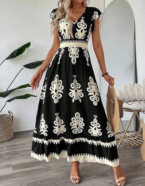 Load image into Gallery viewer, Women&#39;s Summer Flowy Maxi Dress Casual Cap Sleeve V Neck Smocked Waist Beach Sundress
