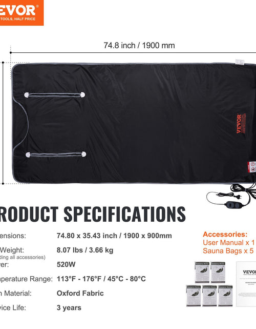 Load image into Gallery viewer, VEVOR Sauna Blanket , Portable Far Infrared Sauna For Home, Oxford Sauna Bag Warm Holes &amp; Carbon Fiber Heating, 1-6 Level Adjustable Temp 95-176F, 5-60 Minutes Timer, 75 X 35 In
