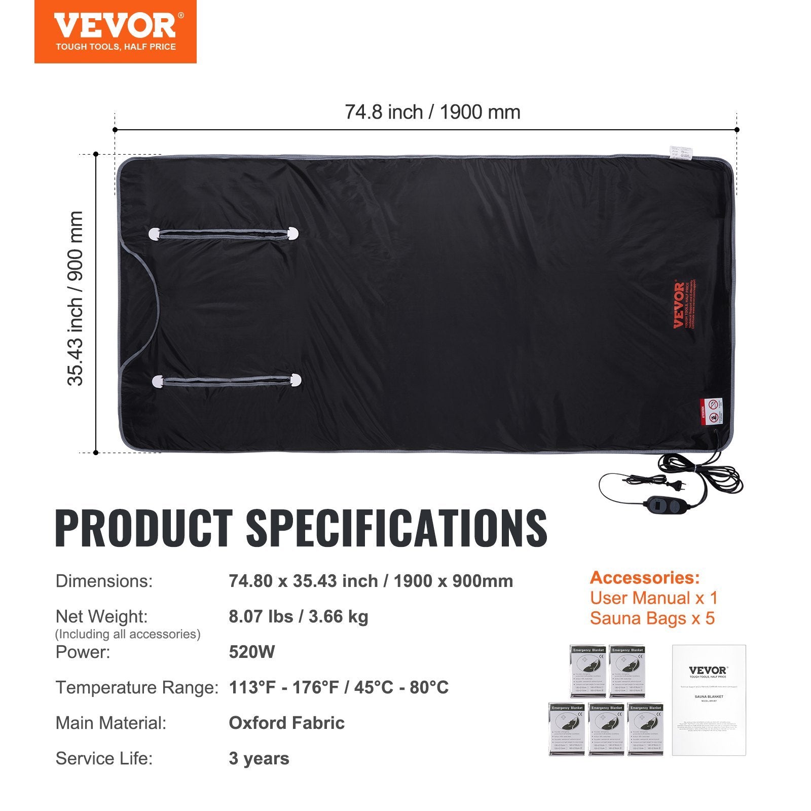 VEVOR Sauna Blanket , Portable Far Infrared Sauna For Home, Oxford Sauna Bag Warm Holes & Carbon Fiber Heating, 1-6 Level Adjustable Temp 95-176F, 5-60 Minutes Timer, 75 X 35 In
