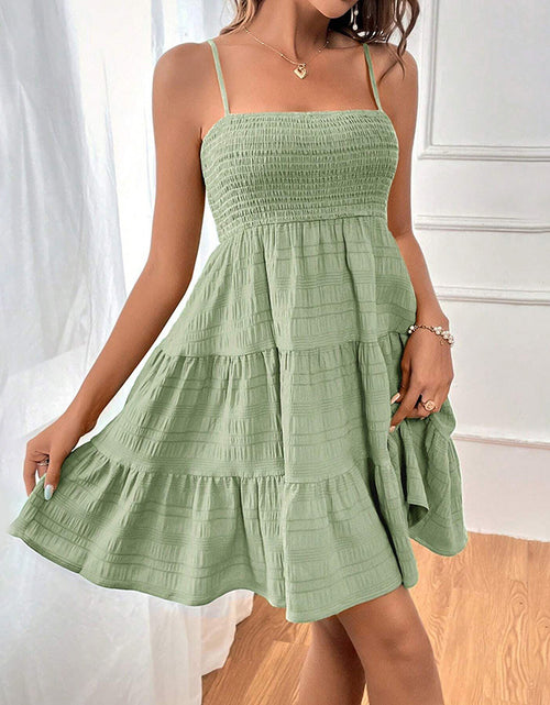 Load image into Gallery viewer, Women&#39;s Spaghetti Strap Sleeveless Smocked A-Line Swing Mini Dress, Elegant Casual Summer Dress
