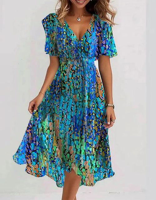 Load image into Gallery viewer, Chiffon Printed Short Sleeve Dress Summer Elegant V-neck Dresses Women&#39;s Clothing
