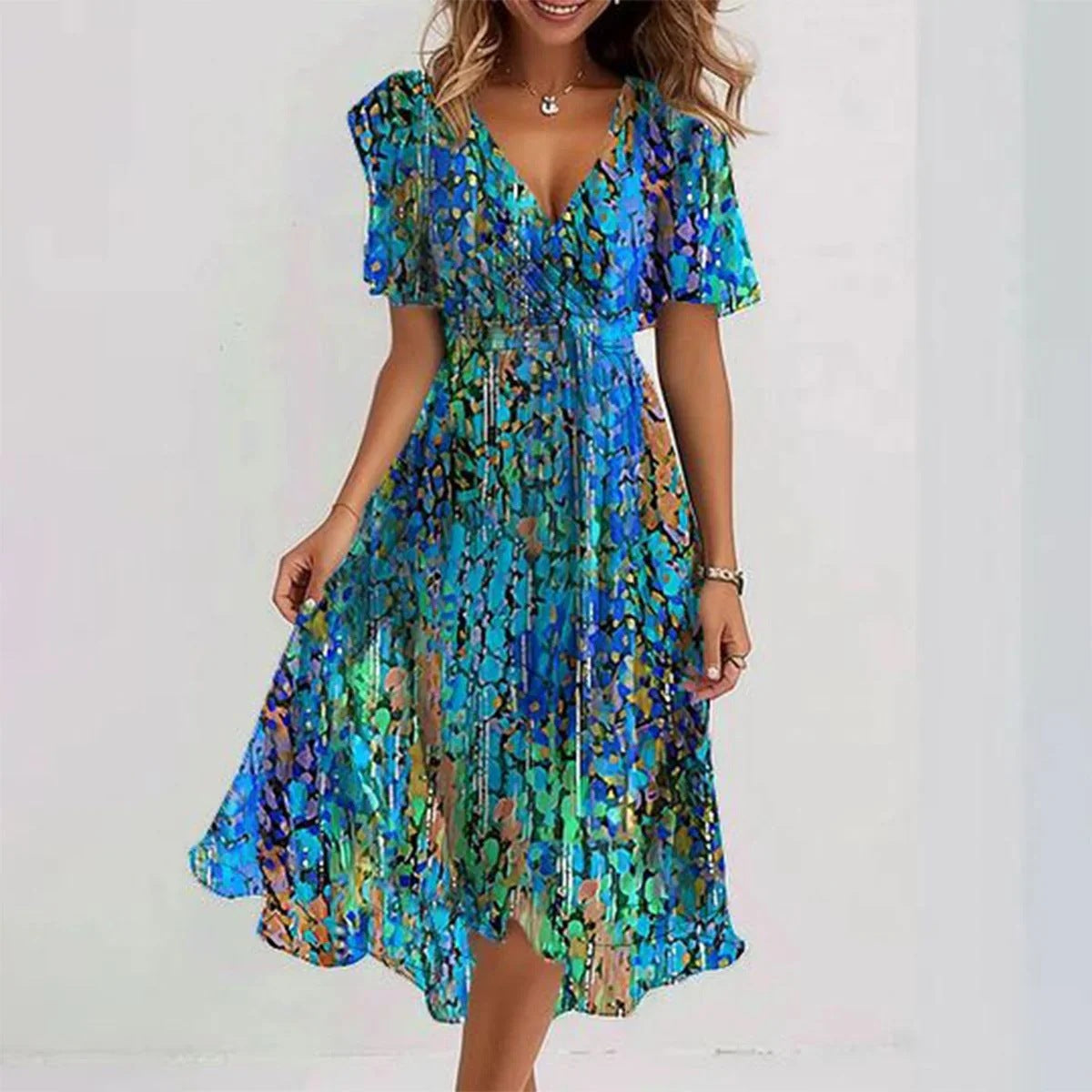 Chiffon Printed Short Sleeve Dress Summer Elegant V-neck Dresses Women's Clothing