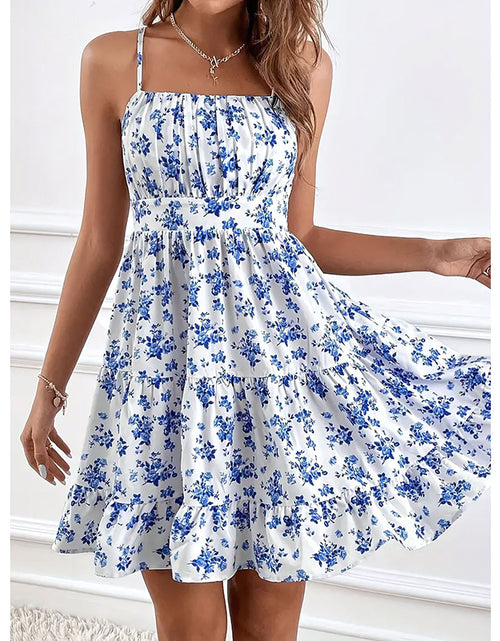 Load image into Gallery viewer, Womens Summer Floral Print Smocked Mini Dress Sleeveless Spaghetti Strap Slim Fit Flowy Dresses
