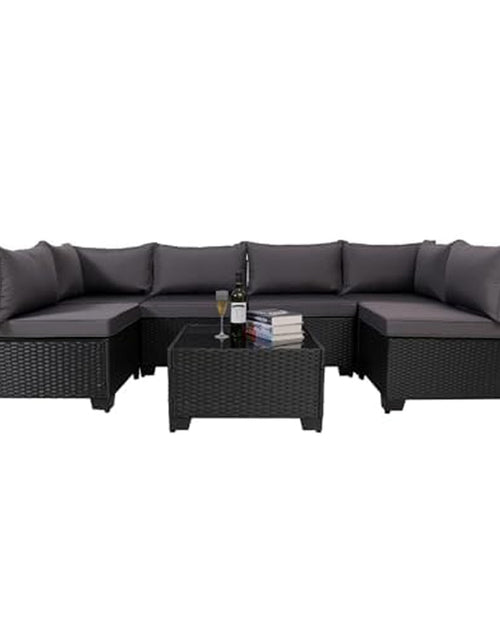 Load image into Gallery viewer, 7 Pieces Outdoor Rattan Patio Sectional Set, Black Wicker Furniture Conversation Sets With Washable Cushions &amp; Glass Coffee Table For Garden, Poolside, Backyard

