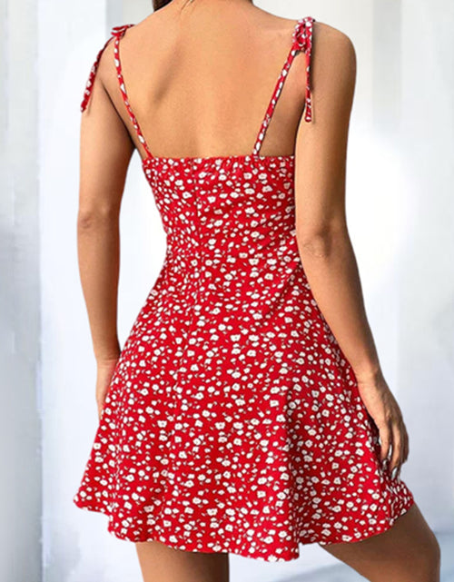 Load image into Gallery viewer, Womens Floral Mini Dress Spaghetti Strap Sleeveless Tie Shoulder Ruffle Summer Boho Dresses
