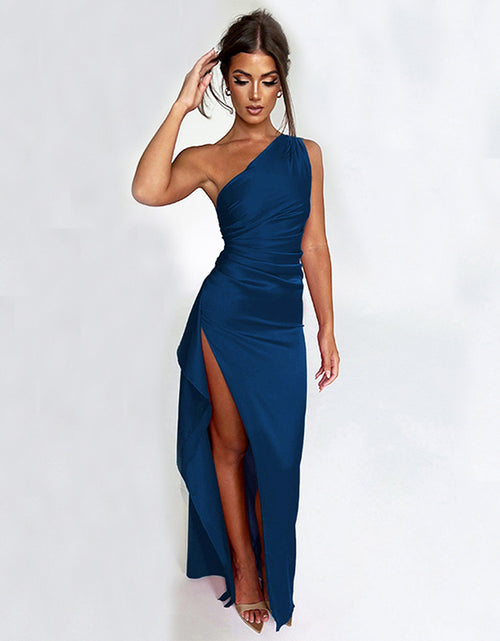 Load image into Gallery viewer, Sexy One-shoulder Backless Slit Dress Summer Elegant Slim-fit Solid Color Satin Dresses For Women
