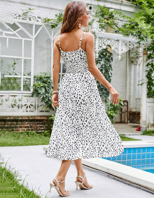 Load image into Gallery viewer, Women&#39;s Summer Dress With Gathered High Waist, Front Tie Belt, Dotted Pattern And Thin Straps
