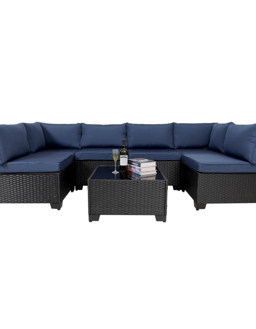 Load image into Gallery viewer, 7 Pieces Outdoor Rattan Patio Sectional Set, Black Wicker Furniture Conversation Sets With Washable Cushions &amp; Glass Coffee Table For Garden, Poolside, Backyard

