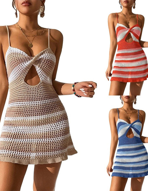 Load image into Gallery viewer, Women Knitted Spaghetti Strap Dress Summer Stripes Twisted Crochet Cutout Party Mini Dress For Beach Cocktail Nightclub
