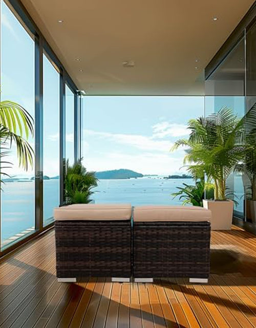 Load image into Gallery viewer, 2 Wicker Ottomans, Multipurpose Outdoor Furniture For Patio, Backyard, Additional Seating, Footrest, Side Table With Storage, Removable Cushions
