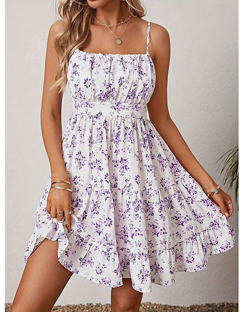 Load image into Gallery viewer, Womens Summer Floral Print Smocked Mini Dress Sleeveless Spaghetti Strap Slim Fit Flowy Dresses
