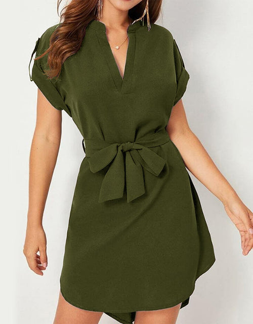 Load image into Gallery viewer, V-neck Short Sleeve Dress With Belt Summer Fashion Bowknot Dresses For Women Clothing
