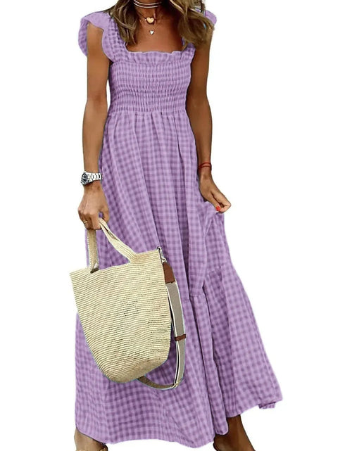 Load image into Gallery viewer, Summer Plaid Print Pleated Ruffle Dress INS Fashion Sleeveless A-line Swing Beach Dress Women&#39;s Clothing
