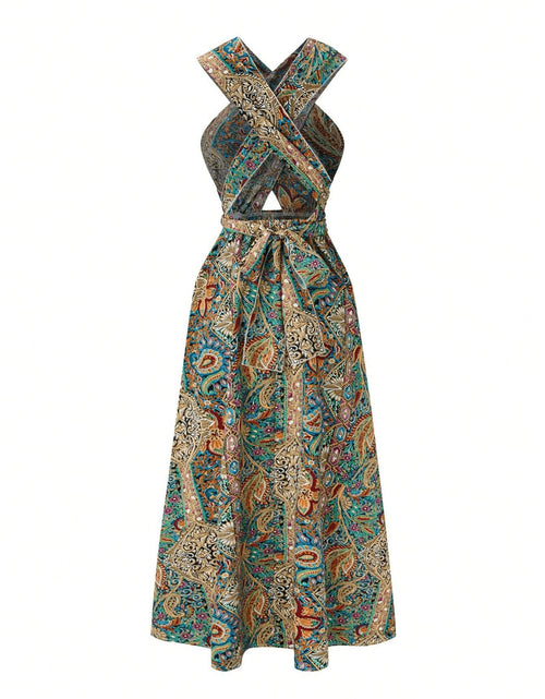 Load image into Gallery viewer, Women Print Maxi Dress High Waisted Cross Halter Neck With Tie Detail,Flowing Vacation Gown In Teal, Blue-Green &amp; Brown Paisley   Pattern, Machine Washable, Summer Fashion Decorative Tie Detail

