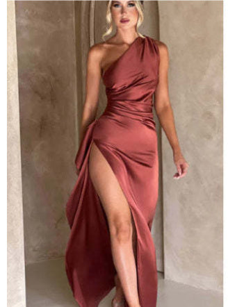 Load image into Gallery viewer, Sexy One-shoulder Backless Slit Dress Summer Elegant Slim-fit Solid Color Satin Dresses For Women
