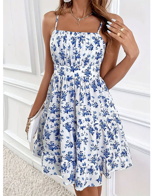 Load image into Gallery viewer, Womens Summer Floral Print Smocked Mini Dress Sleeveless Spaghetti Strap Slim Fit Flowy Dresses
