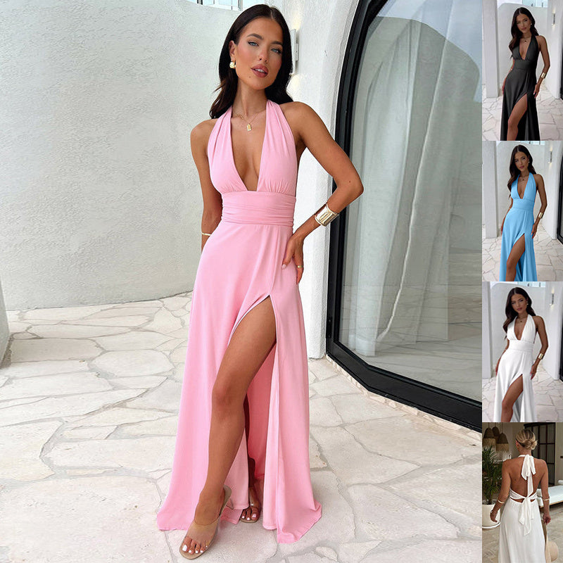 Sexy Halterneck V-neck Slit Dress Summer Backless Strappy Skirt Fashion Clothing Women