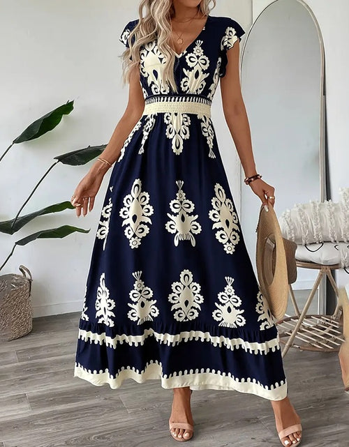 Load image into Gallery viewer, Women&#39;s Summer Flowy Maxi Dress Casual Cap Sleeve V Neck Smocked Waist Beach Sundress
