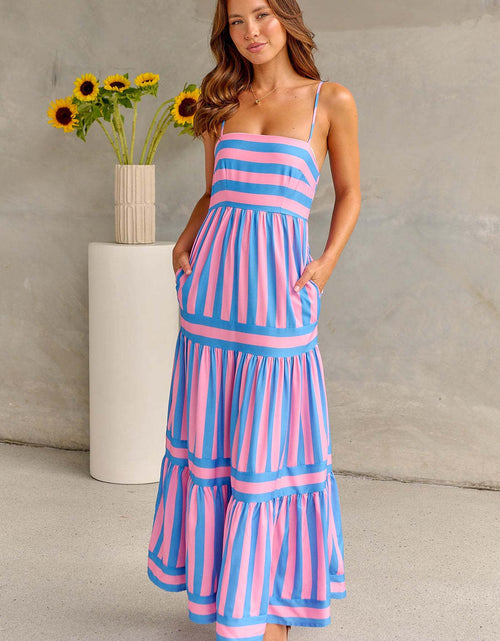 Load image into Gallery viewer, Summer Striped Printed Suspender Long Dress With Pockets Fashion Square Neck Backless Dresses For Beach Vacation Women Clothing
