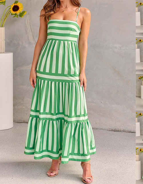 Load image into Gallery viewer, Summer Striped Printed Suspender Long Dress With Pockets Fashion Square Neck Backless Dresses For Beach Vacation Women Clothing
