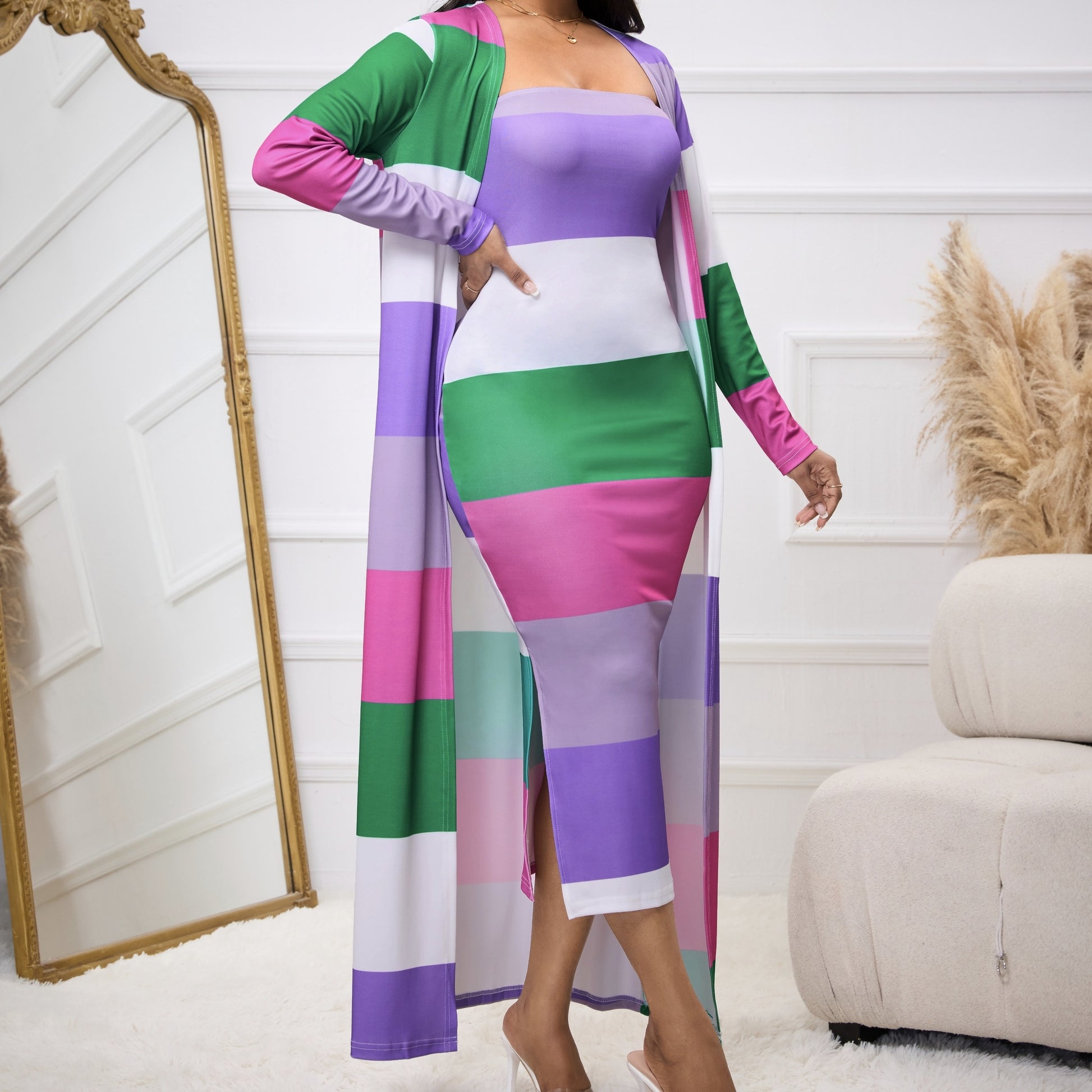 Women's Color Block Splicing Slim Fit Waist Hugging Strapless Long Dress With Inner Layer And Long Open Top Jacket Two Piece Set Excellent