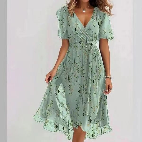 Chiffon Printed Short Sleeve Dress Summer Elegant V-neck Dresses Women's Clothing