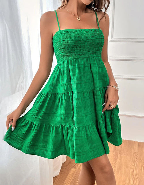 Load image into Gallery viewer, Women&#39;s Spaghetti Strap Sleeveless Smocked A-Line Swing Mini Dress, Elegant Casual Summer Dress
